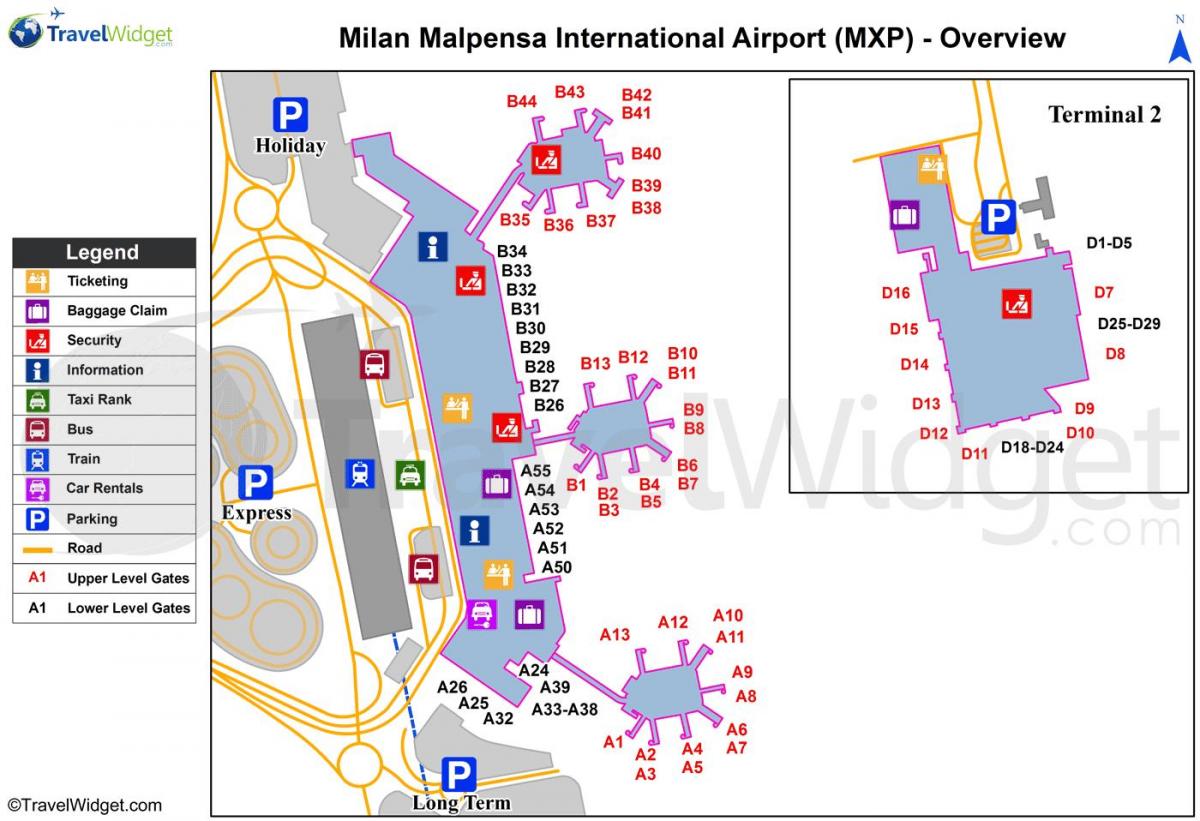 mapa Mediolanu lotnisk i dworców kolejowych.
