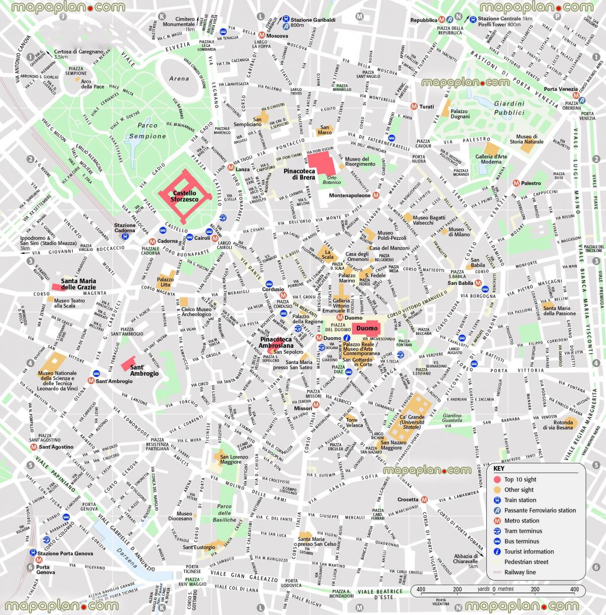 mapa centrum Mediolan, Włochy
